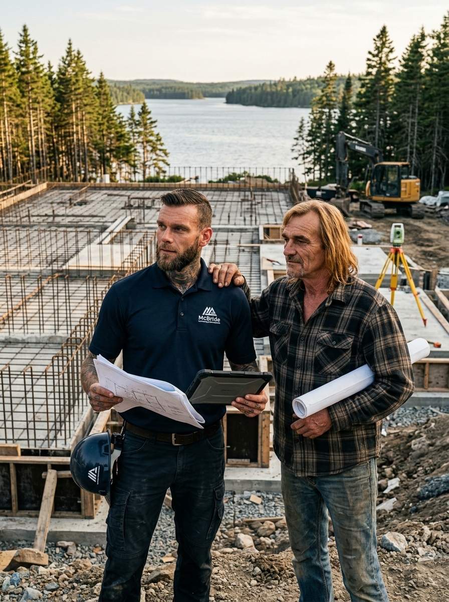 Don McBride Jr. and Don McBride Sr., founders of McBride Contracting & Developments, on site at a lakeside custom home foundation.